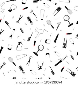 Vector seamless pattern illustration of professional hairdressing tools. Barber beauty. Comb, hair straightener, curling iron, scissors, curlers, lipstick, hair dryer, hair styling spray.