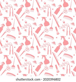 Vector Seamless pattern Illustration Professional hairdresser tools Barbershop Beauty Hairdressing salon Glamour fashion vogue style Comb, hair straighteners, curling tongs, scissors Design for print