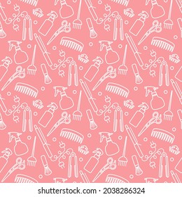 Vector Seamless pattern Illustration Professional hairdresser tools Barbershop Beauty Hairdressing salon Glamour fashion vogue style Comb, hair straighteners, curling tongs, scissors Design for print