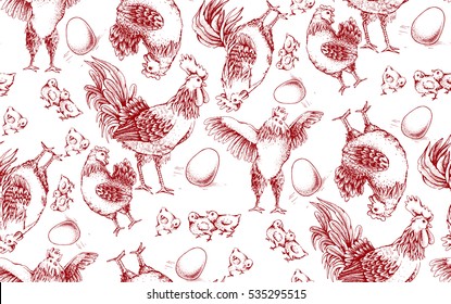 Vector seamless pattern. Illustration of red outlines. Rooster, hens, brood, chicken and egg on white background. Hand drawn.