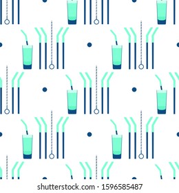 Vector seamless pattern Illustration with Reusable cocktail straws, brush for cleaning, fabric case, glass. Waste management concept. Choosing eco friendly lifestyle, using reusable products