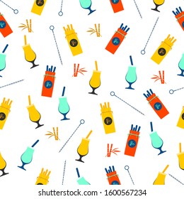 Vector seamless pattern Illustration with Reusable cocktail straws, brush for cleaning, fabric case, glass. Waste management concept. Choosing eco friendly lifestyle, using reusable products