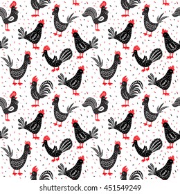 vector seamless pattern with illustration of roosters