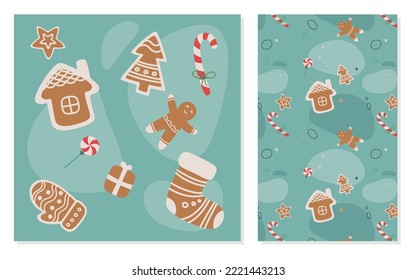 Vector seamless pattern and illustration set. Gingerbread man, house, gift, sock, Christmas tree, mitten, candy cane and lollypop. For cards, backgrounds, prints etc.