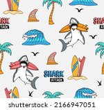 Vector Seamless pattern with illustration of sharks, waves, surfboards and palm trees. for t-shirt prints and other uses.