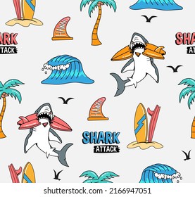 Vector Seamless pattern with illustration of sharks, waves, surfboards and palm trees. for t-shirt prints and other uses.