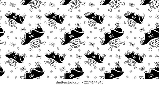 Vector seamless pattern illustration with skull of pirate in captain hat with burning bomb on white color background. Flat line art style design of seamless pattern with pirate and coin for web