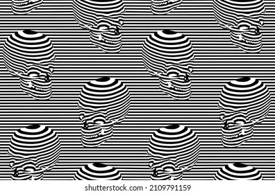 Vector seamless pattern illustration of skulls in black and white horizontal stripes on black and white striped background. 