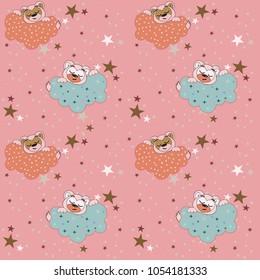 Vector seamless pattern with an illustration of a sleeping bear, clouds and stars. Design for kids. Textile fabric print.