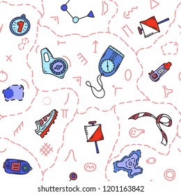 Vector seamless pattern illustration of sport orienteering isolated elements: control point, compass, card, map, clothes, shoe, finish, watch, shirt, medal, gaiter, distance. navigation equipment.