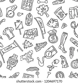 Vector seamless pattern illustration of sport orienteering isolated elements: control point, compass, card, map, clothes, shoe, finish, watch, shirt, medal, gaiter, distance. navigation equipment.