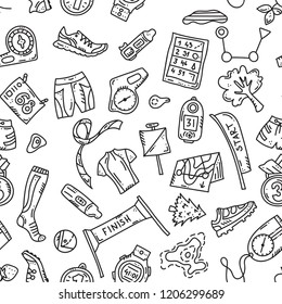 Vector seamless pattern illustration of sport orienteering isolated elements: control point, compass, card, map, clothes, shoe, finish, watch, shirt, medal, gaiter, distance. navigation equipment.