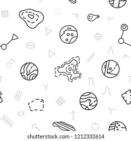 Vector seamless pattern illustration of sport orienteering isolated topo symbols and landmark objects, distance. Orientation, navigation symbol. 