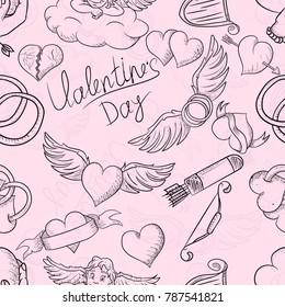 vector seamless pattern illustration of the symbols of the holiday Valentines Day pink background