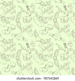 vector seamless pattern illustration of the symbols of the holiday Valentines Day green background