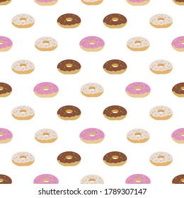 Vector seamless pattern Illustration tasty doughnuts. Delicious sweet donuts with glaze and sprinkles Food concept for menu design, cafe decoration, delivery box Dessert, pastry Design for wrap, print
