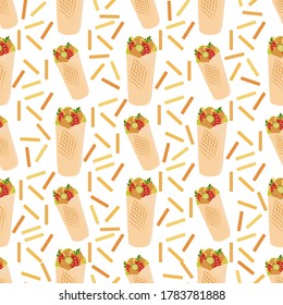 Vector seamless pattern Illustration Tortilla wraps with grilled chicken fillet and fresh vegetables. Street lunch. Takeaway food. Kebab. Concept for cafe, bistro menu card. Design for wrapping, print