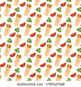 Vector seamless pattern Illustration Tortilla wraps with grilled chicken fillet and fresh vegetables. Street lunch. Takeaway food. Kebab. Concept for cafe, bistro menu card. Design for wrapping, print