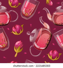 Vector seamless pattern with illustration of transparent glass teapots kettles and the same cups mugs with pink rose tea surrounded by rose flowers and petals isolated on dark pink background.