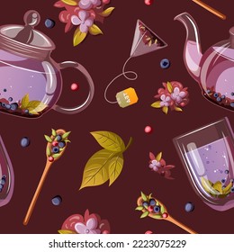 Vector seamless pattern. Illustration of transparent glass teapots kettles and cups mugs with blueberry tea lemonade. Tea leaves,spoons,tea bags,berries isolated on dark background.