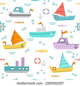 Vektornahtlose Musterillustration mit Reisebooten, Yacht, Schiffen, Fischen. Childischer Hintergrund für Stoff, Textilien. Meer, Ozean, Meereshintergrund. Kreuzfahrt.