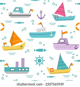 Patrón de vectores sin fisuras Ilustración con botes de viaje, yates, barcos, peces. Fondo infantil para tela, textil. Mar, océano, fondo marino. Transporte en crucero.
