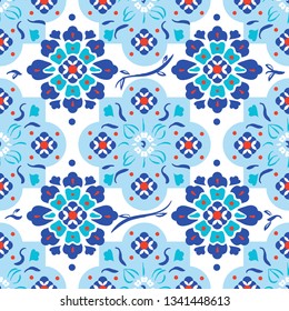 Vector seamless pattern illustration of Turkish Ottoman islamic mosque tile art. Iznik and Golden Horn ware or pottery art imitation. Turkish tiles artwork.