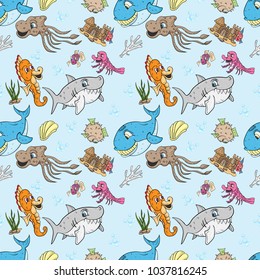 vector seamless pattern illustration, underwater, fish, whale, big sharks, and the inhabitants of the water, a childs drawing underwater world, blue background