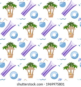 Vector seamless pattern Illustration Vacation at sea. Cocktail, inflatable mattress, ring, palm trees, beach bar. Travel. Summer rest. Water floating toys. Pool equipment. Rubber items for recreation