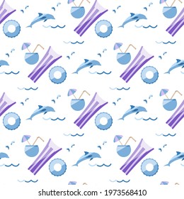 Vector seamless pattern Illustration Vacation at sea. Cocktail, inflatable mattress, ring, dolphin. Travel. Summer rest. Beach water floating toys. Pool equipment. Rubber items for recreation