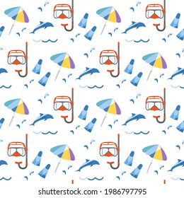 Vector seamless pattern Illustration Vacation at the sea. Diving mask, snorkel, flippers, dolphin, beach umbrella. Travel. Summer rest. Recreation. Design for print