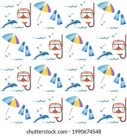 Vector seamless pattern Illustration Vacation at the sea. Diving mask, snorkel, flippers, dolphin, beach umbrella. Travel. Summer rest. Recreation. Design for print