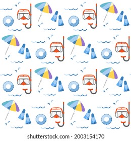 Vector seamless pattern Illustration Vacation at the sea. Diving mask, snorkel, flippers, beach umbrella. Travel. Summer rest. Recreation. Design for print