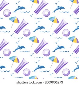 Vector seamless pattern Illustration Vacation at sea. Inflatable mattress, ring, beach umbrella, dolphin. Travel. Summer rest. Beach water floating toys. Pool equipment. Rubber items for recreation