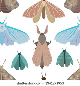 Vector seamless pattern illustration of a variety of insects (butterflies, moths, flies) isolated on white background.