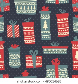 vector seamless pattern with illustration of vintage style gift boxes on dotted background