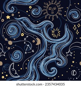 vector seamless pattern illustration - Whimsigothic sky - gold sun, white moon, blue waves and stars, mystical sky, surrealism. For wallpaper, fabric design, summer clothes