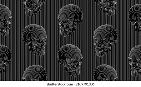 Vector seamless pattern illustration of white continuous horizontal line skulls on black background. 