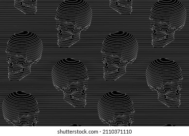 Vector seamless pattern illustration of white continuous horizontal line skulls on black background. 