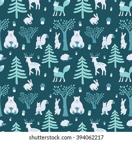 vector seamless pattern with illustration of wild forest animals in blue color scheme
