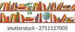 Vector seamless pattern from illustration of wooden bookshelves filled with colorful books, volumes, decor items. Book lover, bookstore, library concept. Isolated on white.
