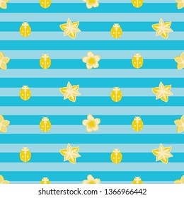 Vector seamless pattern illustration of yellow ladybugs with flowers on blue background