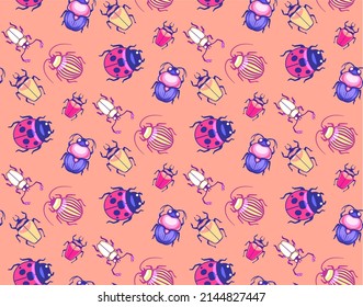 Vector seamless pattern with illustrations of cute cartoon beetles. Beautiful colorful insects. Gift wrapping paper for children.