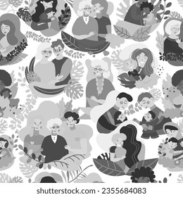 Vector Seamless Pattern with illustrations of happy family and leaves and natures elements decorations.