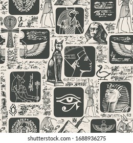 Vector seamless pattern with  illustrations on the theme of Ancient Egypt. The Egyptian mascots. Suitable for wallpaper, wrapping paper, fabric, background in retro style