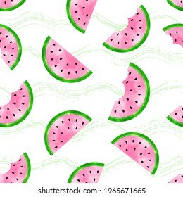 Vector Seamless Pattern with Illustrations of Watermelon Slices. Watercolor Texture. Wavy Brush Strokes. Summer Fruit Background.
