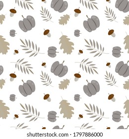 Vector seamless pattern. Image of acorns, pumpkins and oak leaves on a white background. Template for background. Autumn illustration with decorative elements. For printing, wallpaper, textiles.