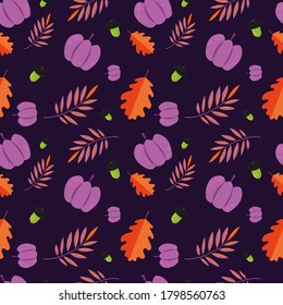 Vector seamless pattern. Image of acorns, pumpkins and oak leaves on a purple background. Template for background. Autumn illustration with decorative elements. For printing, wallpaper, textiles