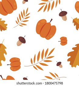 Vector seamless pattern. Image of acorns, pumpkins and oak leaves on a white background. Template for background. Autumn illustration with decorative elements. For printing, wallpaper, textiles.