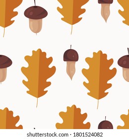 Vector seamless pattern. Image of acorns and oak leaves on a white background. Template for background. Autumn illustration with decorative elements. For printing, wallpaper, textiles, banners.